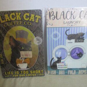 2 Black Cat Metal Signs 8"x12" Whimsical